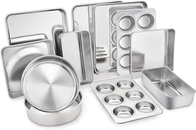 TeamFar Stainless Steel Bakeware Set of 11 | Toaster Oven Baking Pan Set, Lasagna Pan, Square & Round Cake Pan, Loaf Pan & Muffin Pan, Healthy & Sturdy, Dishwasher Safe by TeamFar