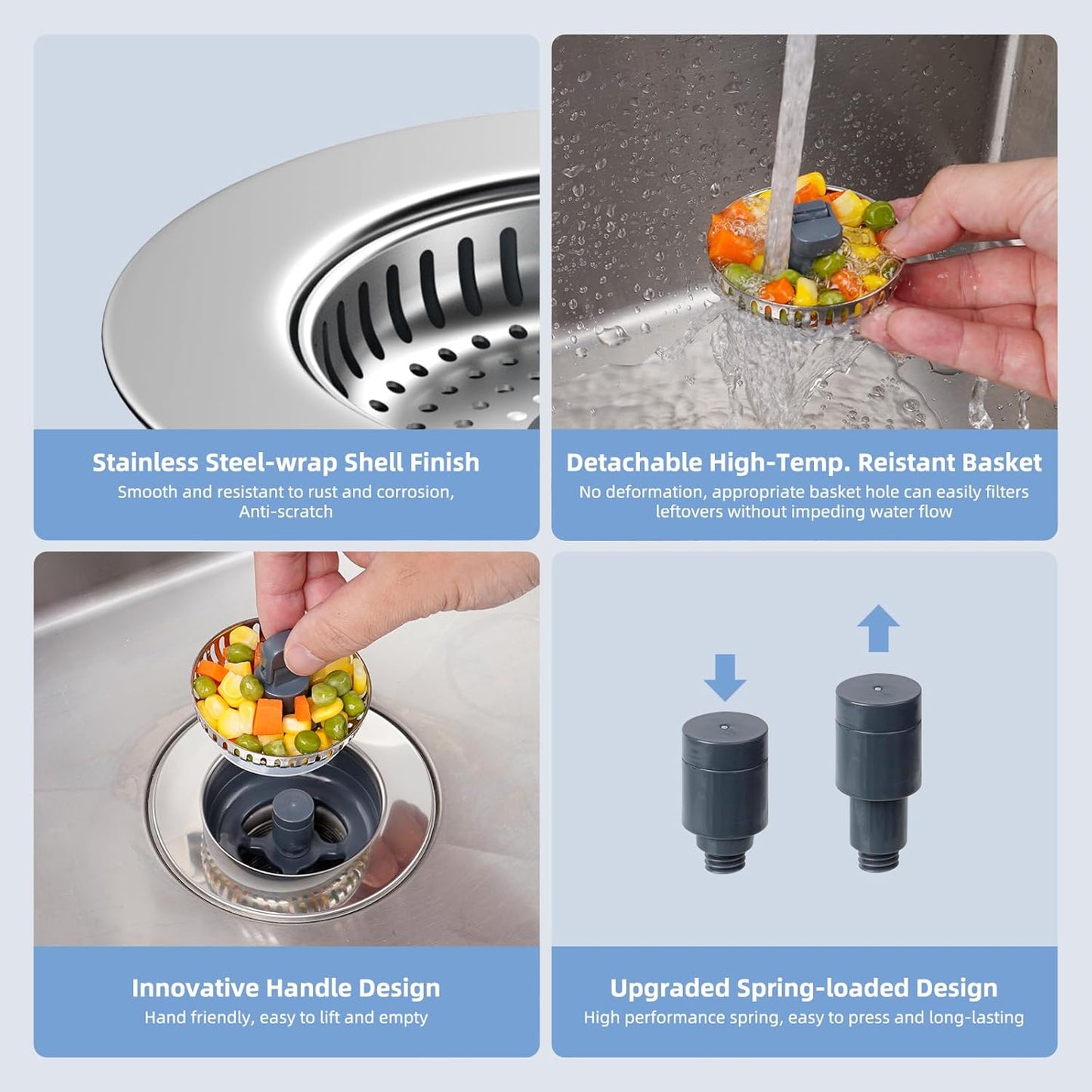 Hibbent 2 Pack Universal 3 in 1 Kitchen Sink Drain Strainer with Sink Stopper, Stainless Steel Wrapped Shell, SUS304 Anti-Clogging Basket Strainer, Fit for US Standard 3-1/2" Drain, Stainless Steel