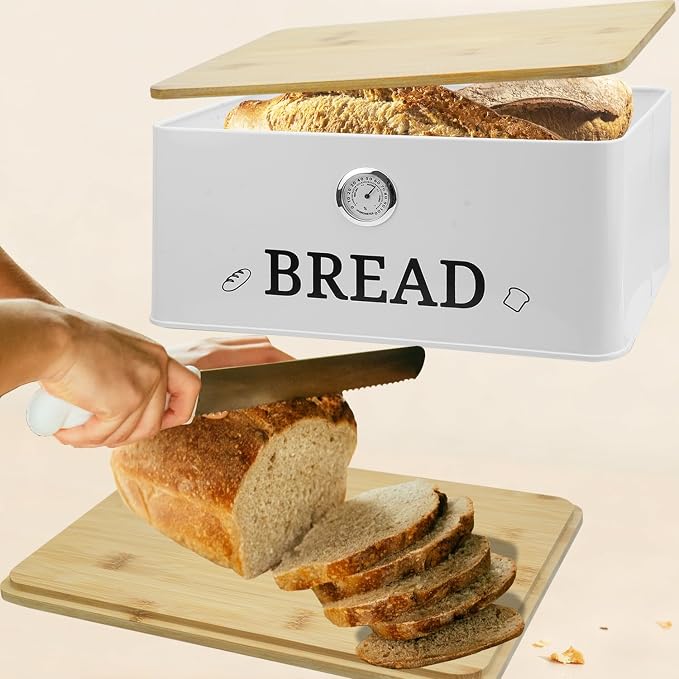 White Bread Box for Kitchen Countertop, Bamboo Lid with Hygrometer - Image 5
