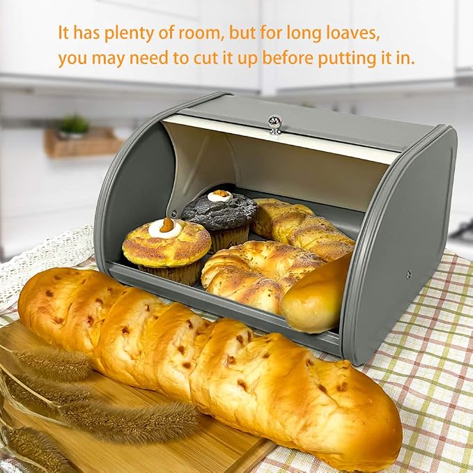X458 Gray Bread Box Roll Top, Metal Bread Box for Kitchen Countertop, Large Space, Keeps Bakery Items Fresh Longer, Bread Bin for Kitchen Countertop, Breadbox to Store Cookies, Bagels, Muffins - Image 4