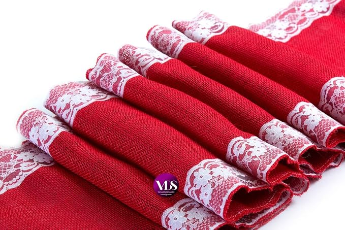 VDS Pack of 15, Burlap Table Runner with White Lace Edge, 100% Natural Jute Rustic Hessian Table Cloth Centerpiece for Wedding Birthday Party Banquet Table Decoration (Size 12X108 Inch)(Red) - Image 2