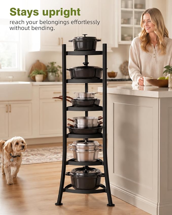 6-Tier Cast Iron Freestanding Pot Rack, 264 Lbs Capacity Cookware Storage Tower with 6 Hooks, Pot and Pan Organizer for Kitchen and Dining Room, Matte Black - Image 3