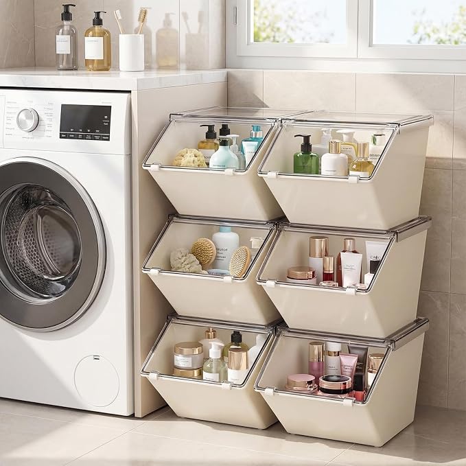 Yerliker 6 Pcs 4 Pcs Stackable Storage Bins with Lids Organizer, White - Image 7