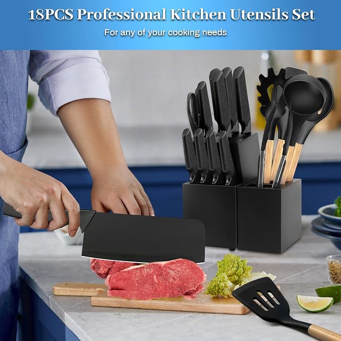 Kitchen Knife Set,18 Pieces Black Kitchen Utensils Set with Holder and Kitchen Professional Chef Knife Set for Cooking,Non-Stick Heat Resistan Silicone Utensils Set with Wooden Handle (Black) - Image 9