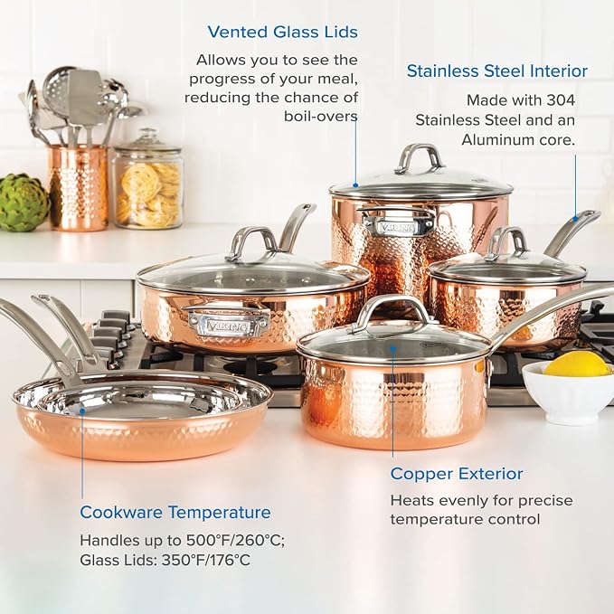Viking Culinary 3-Ply Stainless Steel Hammered Copper Clad Cookware Set, 10 Piece, Oven Safe & Culinary 304 Stainless Steel Kitchen Utensil Set, Ergonomic Stay-Cool Handles - Image 4