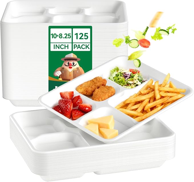 Compostable 5 Compartment 10*8.25*1 Inch 125 Pack Heavy Duty Paper Plates | Small Divided Disposable Plates White Eco-Friendly Biodegradable Food Tray for School Lunch Dinner Christmas by JOLLYCHEF