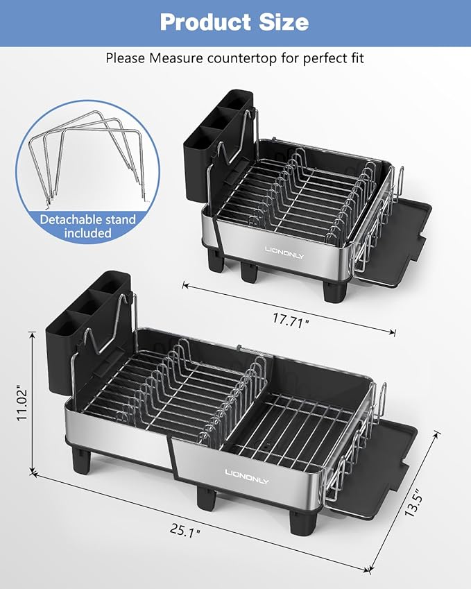 304 Stainless Steel Expandable Dish Drying Rack with Drain Spout, Black - Image 7