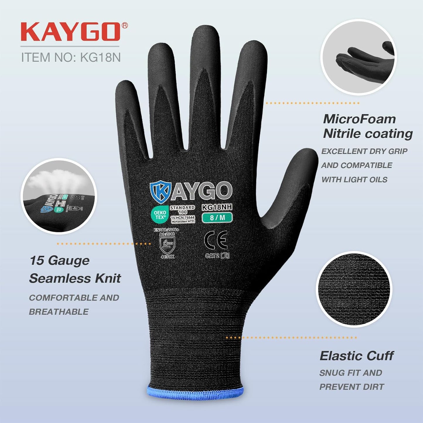KAYGO Safety Work Gloves MicroFoam Nitrile Coated, 3 Pairs KG18NB,Seamless Knit Nylon Glove with full fingers Touchscreen, Ideal for Automotive,Warehouse,Construction (M, Black)