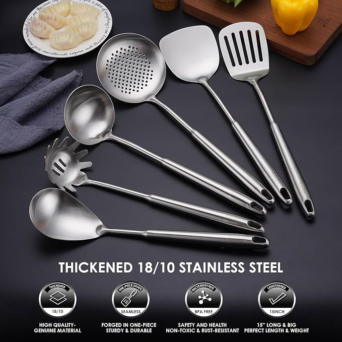 6 PCS All Metal Cooking Utensils Set - 18/10 Stainless Steel Kitchen Tools | Professional Cooking Spoons Set, 15" Spatula, Ladle, Skimmer Spoon, Pasta Serve, Large Spoon, Slotted Spatula Turner - Image 4