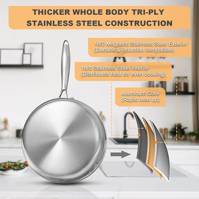 EWFEN Tri-Ply Stainless Steel Frying Pan 3QT, 10 Inch Deep Frying Pan with lids, Skillet, Induction Cooking Pan, Dishwasher and Oven Safe, Fast & Even Heat, Heavy Duty and Detachable Handle - Image 2