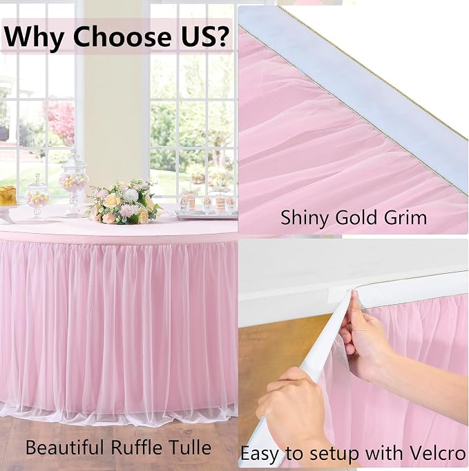 132in Baby Pink Tulle Table Skirts for Rectangle Tables 6ft 8ft, 2-Layer 11 ft Long Gold Grim Princess Pink Ruffle Tulle Tutu Table Skirt Cloth for Girl Birthday Baby Cake Dessert(No Table Cover) - Image 4