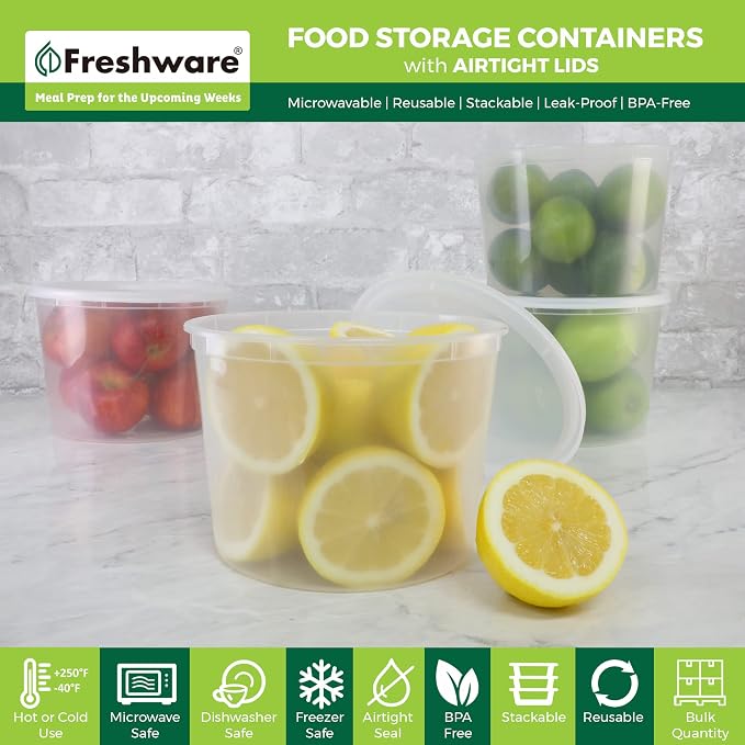 Freshware [12 Pack, 64 oz] 1/2 Gallon Plastic Deli Food Storage Soup Containers With Airtight Lids, Slime Containers, Freezer Safe | Meal Prep | Stackable | Leakproof | BPA Free, Clear - Image 2