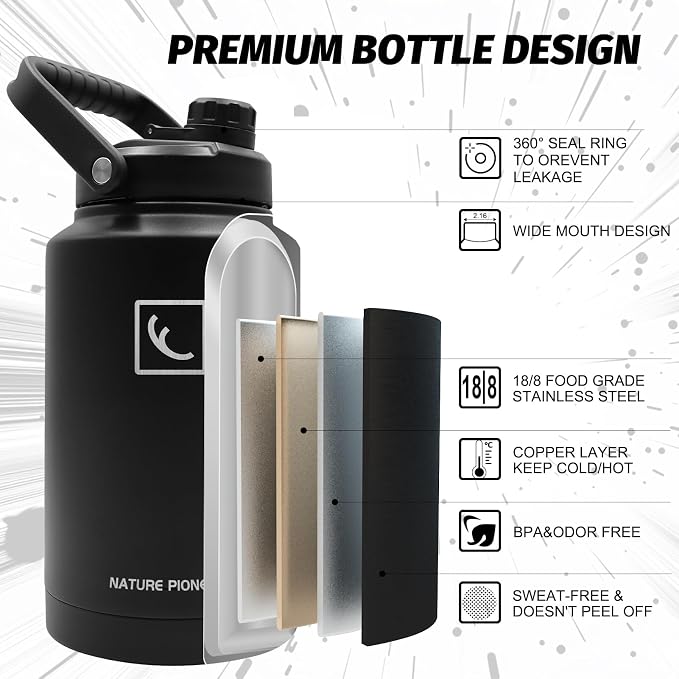 NATURE PIONEOR 1 Gallon (128oz) Insulated Water Bottle Jug with Carrier Bag | 18/8 Food-grade Stainless Steel, Double Vacuum Insulation, Wide-Mouth, Straw & Spout Lid, Strap, Camping, Hiking, Gym, Work - Image 5
