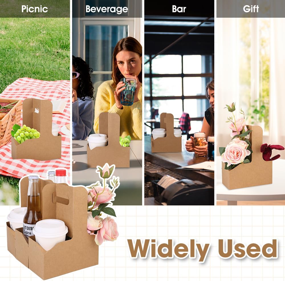 15Pcs -2 Cup Drink Carrier with Handle - Paper Cup Holder, Coffee Carriers Tray for Drinks, Disposable Takeaway Cardboard Holders To Go for Food Delivery, Uber Eats/Door Dash Two or 4 Kraft Paperboard