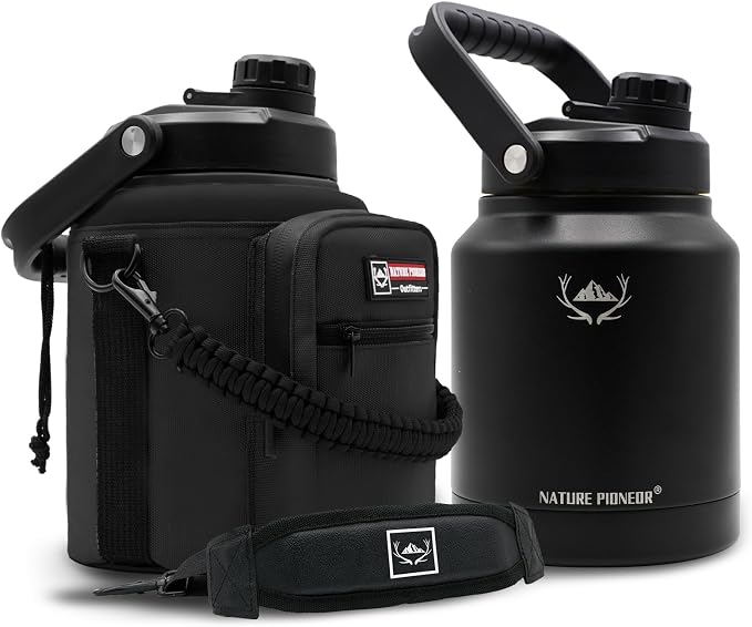 NATURE PIONEOR 84 oz Insulated Water Bottle Jug with Carrier Bag | 18/8 Food-grade Stainless Steel, Double Vacuum Insulation, Wide-Mouth, Straw & Spout Lid, Strap, Camping, Hiking, Gym, Work by NATUREPIONEOR