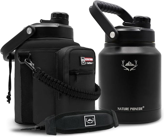NATURE PIONEOR 84 oz Insulated Water Bottle Jug with Carrier Bag | 18/8 Food-grade Stainless Steel, Double Vacuum Insulation, Wide-Mouth, Straw & Spout Lid, Strap, Camping, Hiking, Gym, Work by NATUREPIONEOR