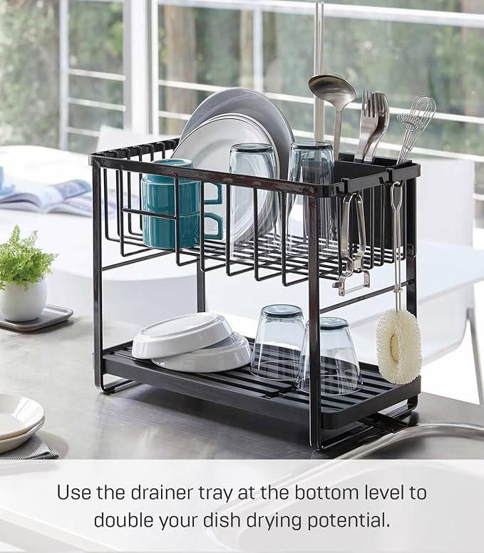 YAMAZAKI Home Tower Two-Tier Adjustable Dish Drainer Rack, Compact Drying Rack with Hooks, Utensils Holder - Steel - - Image 4