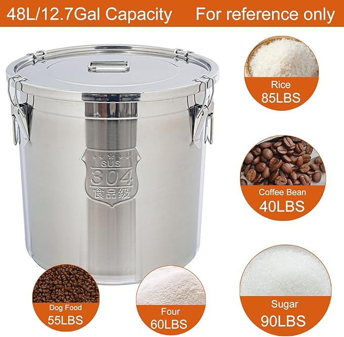 DYNAMI 12.7Gal 304 Stainless Steel Rice Storage Container 40-90Lbs | 48L Extra large Metal Rice Storage Bucket with Airtight Lid &Locking Buckle,Bird Seed Storage Container 50 lbs,for Rice Flour - Image 3