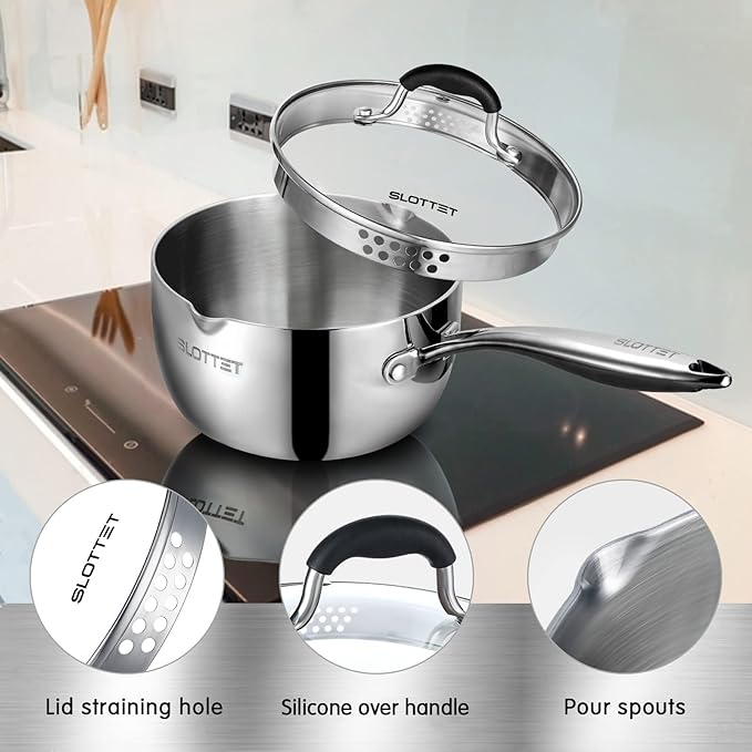 SLOTTET Tri-Ply Whole-Clad Stainless Steel Sauce Pan with Pour Spout,1.5 Quart Small Multipurpose Pasta Pot with Strainer Glass Lid, Saucepan for Cooking with Stay-cool Handle. - Image 3