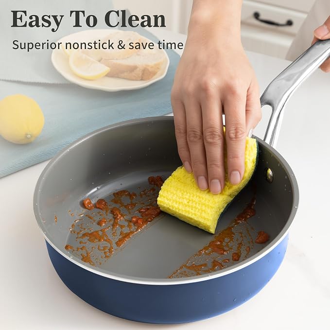 10-in-1 Blue Ceramic Nonstick Deep Saute Pan Set With Steamer & Lid, 4QT - Image 7