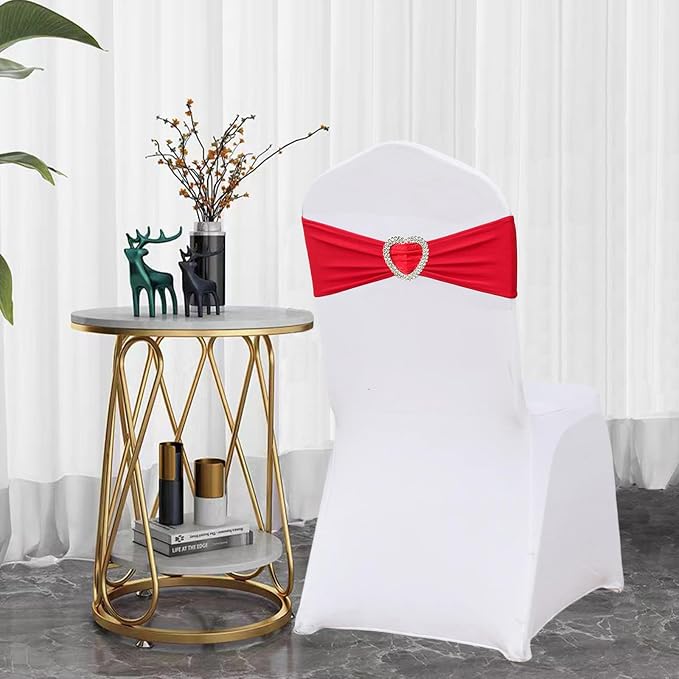 Red Chair Sashes for Wedding 100 Pack Spandex Red Sashes for Chairs Covers Stretch Chair Sahes Band with Heart Buckle Slider Universal Wedding Sashes Bows for Banquet Party Decorations - Image 3
