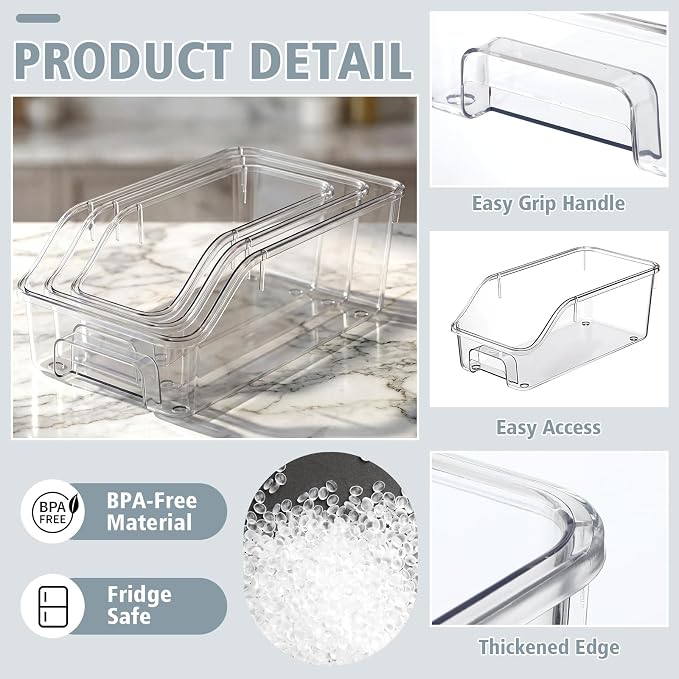 LemonRoad 12 Packs Pantry Organizers and Storage Freezer Clear Organizer Bins with Handle Acrylic Organization Bins Stackable Open Front Storage Vegetable Egg Salad Containers for Kitchen Cabinet - Image 3