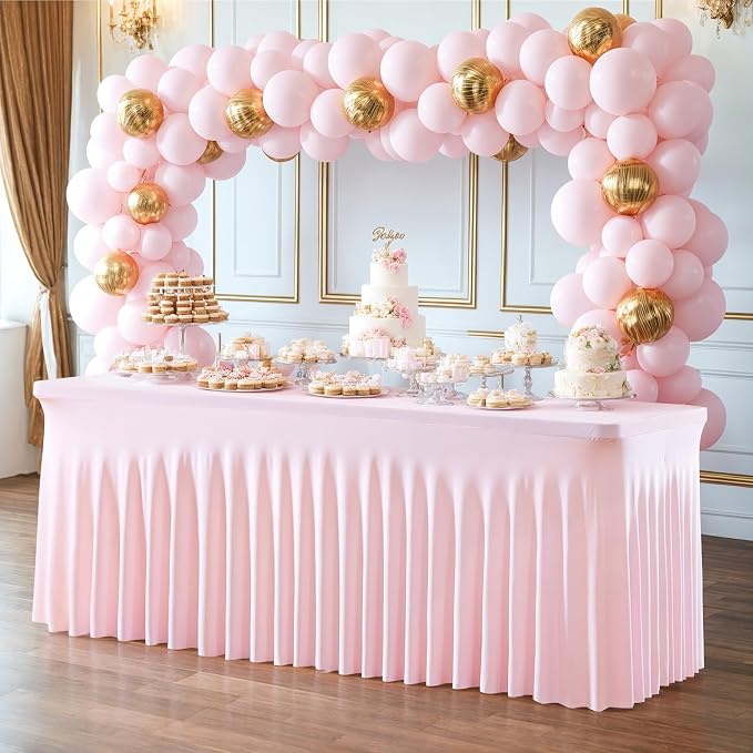 2 Pack Pink Table Cloth for 8 Foot Rectangle Tables Spandex Fitted Tablecloth 8ft Stretch Table Covers Skirt Pink Banquet Tablecloths Wrinkle Free Tablecloth for Party Wedding Birthday Event - Image 4