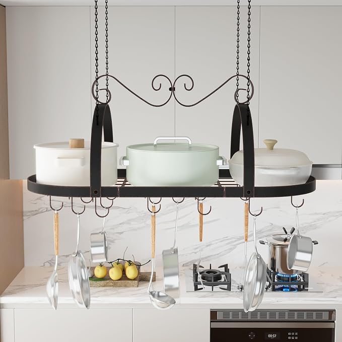 Metal Hanging Pot Rack Ceiling Mount, Vintage Oval Pot and Pan Storage Rack | 33" Metal Ceiling Pan Hanging Rack with 15 Hooks, Decorative Vintage Brown Pot Hangers for Kitchen Organize Utensils Cookware - Image 2