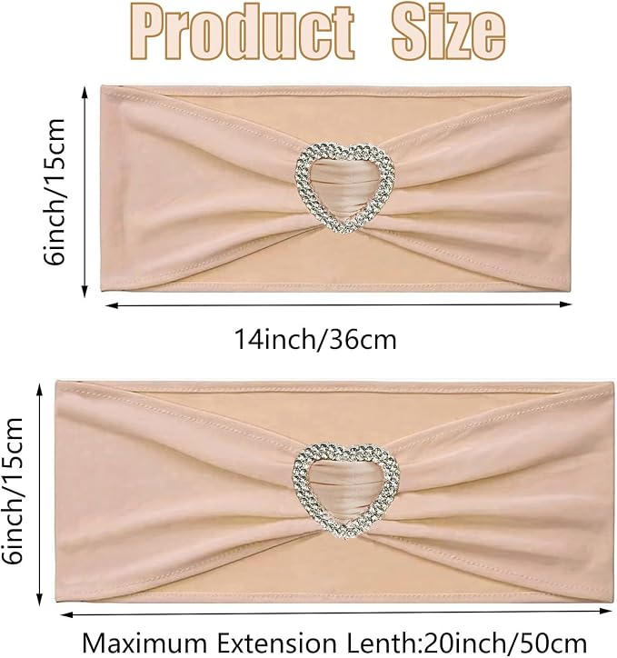 Nude Chair Sashes 50 Pack Spandex Nude Sashes for Chairs Covers Universal Stretch Chair Sashes Band with Heart Buckle Slider for Wedding Banquet Party Decorations - Image 2