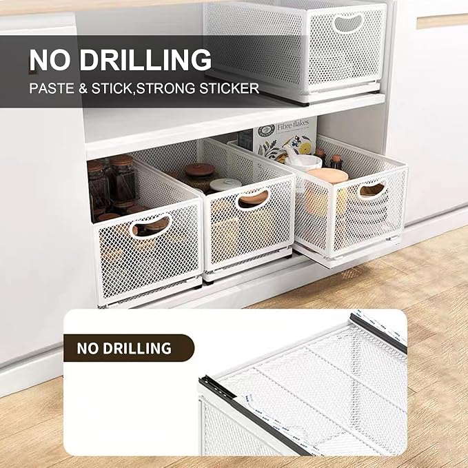 Sliding Cabinet Basket Organizer Drawer Self Adhesive Slide out Pantry Shelves Heavy Duty Carbon Steel Slide Cabinet Storage Basket with Handle for Bathroom Kitchen Home - Image 5