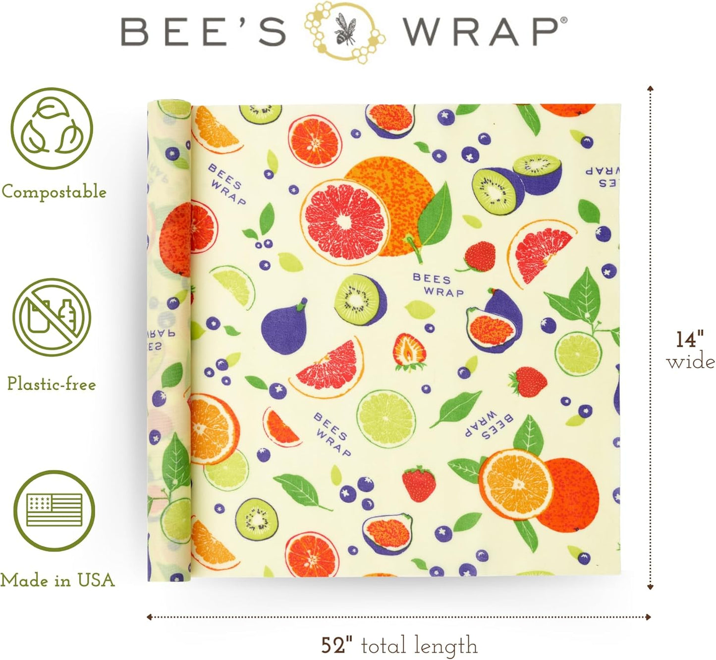 Bee's Wrap Beeswax Wraps for Food - Fresh Fruit Cut to Size 14x52" Wax Paper Roll - Made in USA Reusable Waxed Paper & Bowl Covers - Organic & Eco-Friendly Alternative to Aluminum Foil & Plastic Wrap