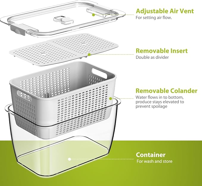 LUXEAR Fresh Container, 3PACK Produce Saver Container BPA Free Fridge Organizer for Vegetable Fruit and Salad Partitioned Food Storage Container with Vents Stay Fresh Containers Not Dishwashers Safe | BPA Free with Removable Colanders Leak-proof Fridge... - Image 4