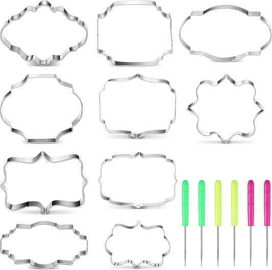10 Pieces Plaque Frame Cookie Cutter Stainless Steel Biscuit Cutter Fondant Cake Decorating Tools and 6 Pieces Sugar Stirring Pins for Kitchen Baking