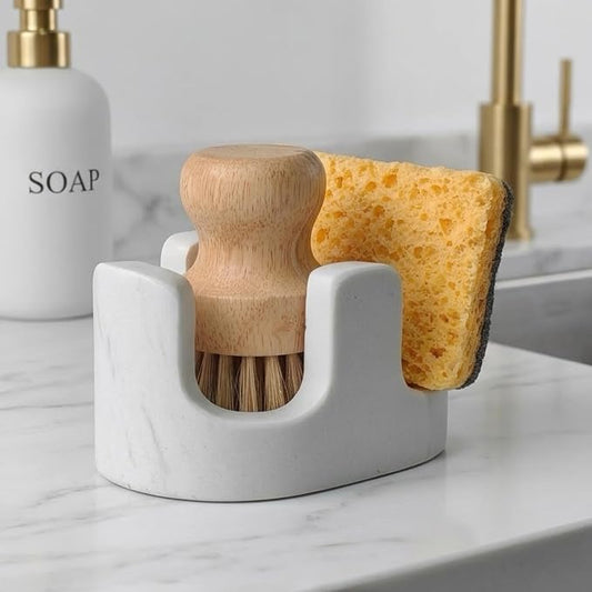 White Marble Sponge Holder for Kitchen Sink, 2-in-1 Sponge & Brush Holder with Raised Edge, 2 Slot Natural Stone Sink Caddy for Countertop, Keeps Countertops Dry, Non-Slip Base, Modern Kitchen Decor by BekPooQ