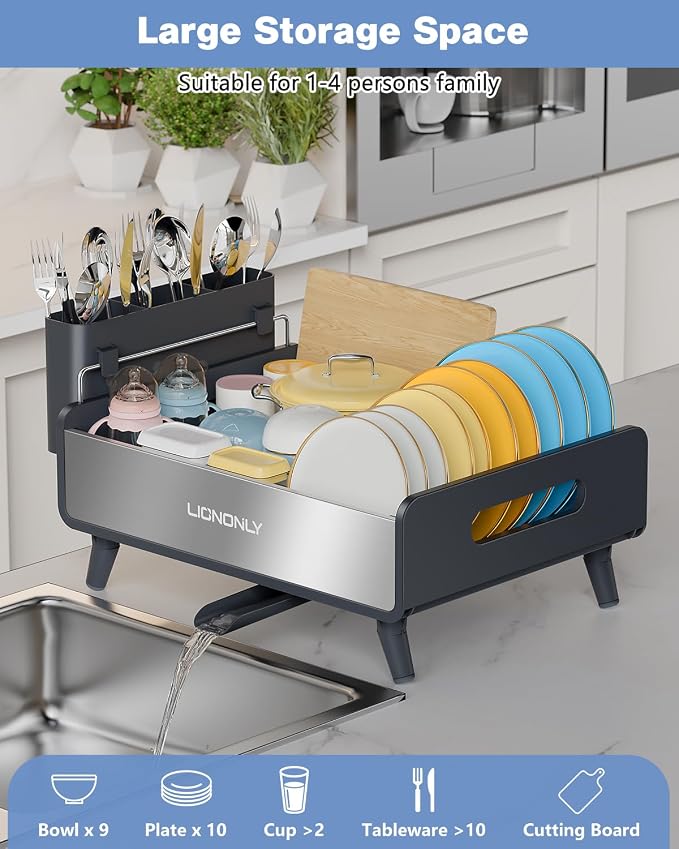 Dish Drying Rack with Drain Board, 304 Stainless Steel Core, Aluminum Rustproof Frame, Anti-Slip Elevated Feet, Removable Adjustable Spout, Utensil Holder, Gray - Image 6