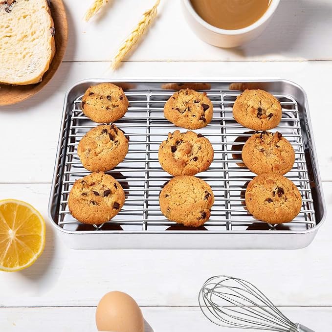 Wildone Baking Sheet with Rack Set [2 Sheets + 2 Racks], Stainless Steel Cookie Pan baking Tray with Cooling Rack, Size 9 x 7 x 1 Inch, Non Toxic & Heavy Duty & Easy Clean - Image 7