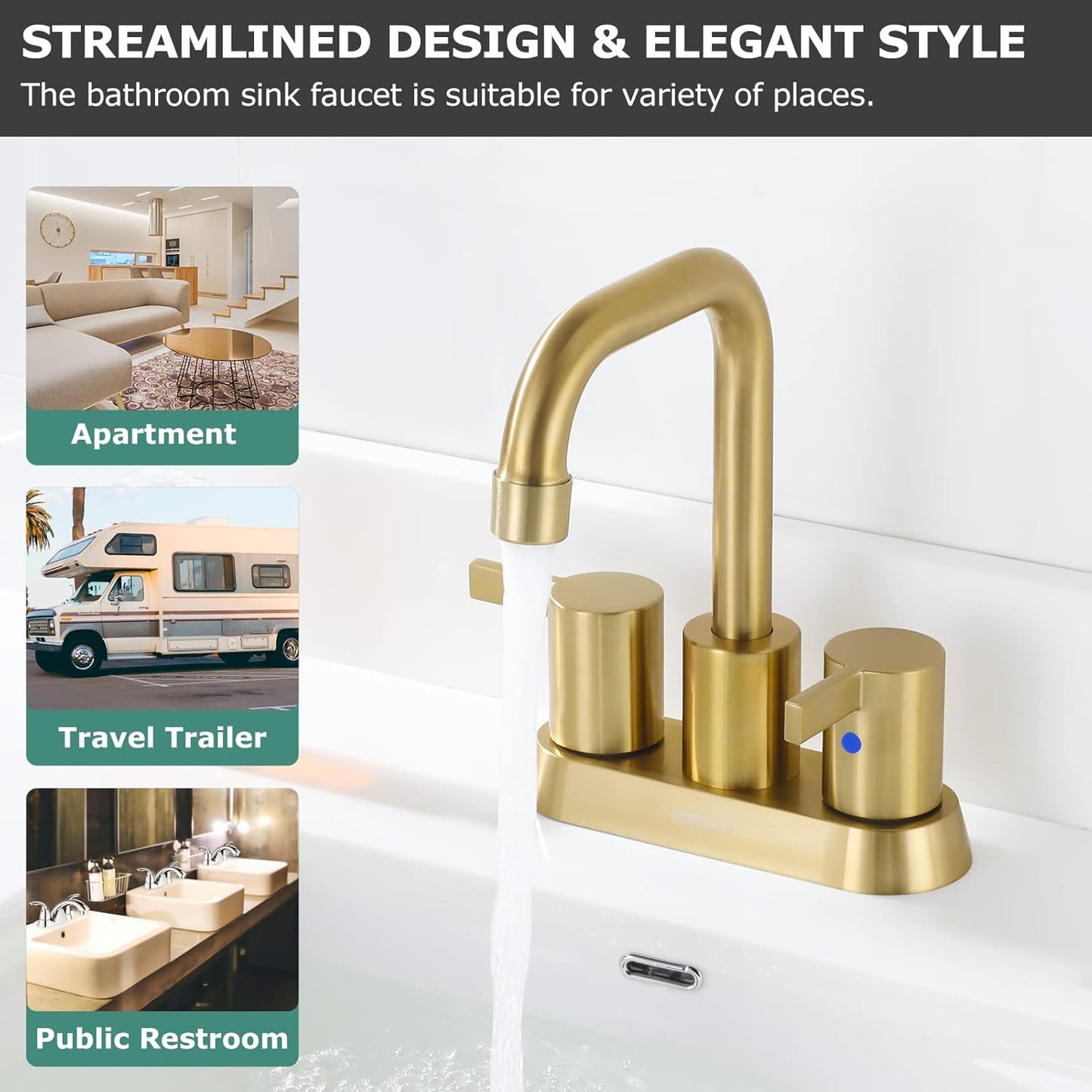 PARLOS 2-Handle Brushed Gold Bathroom Faucet for Lavatory with Pop-up Sink Drain and Faucet Supply Lines, 1431608