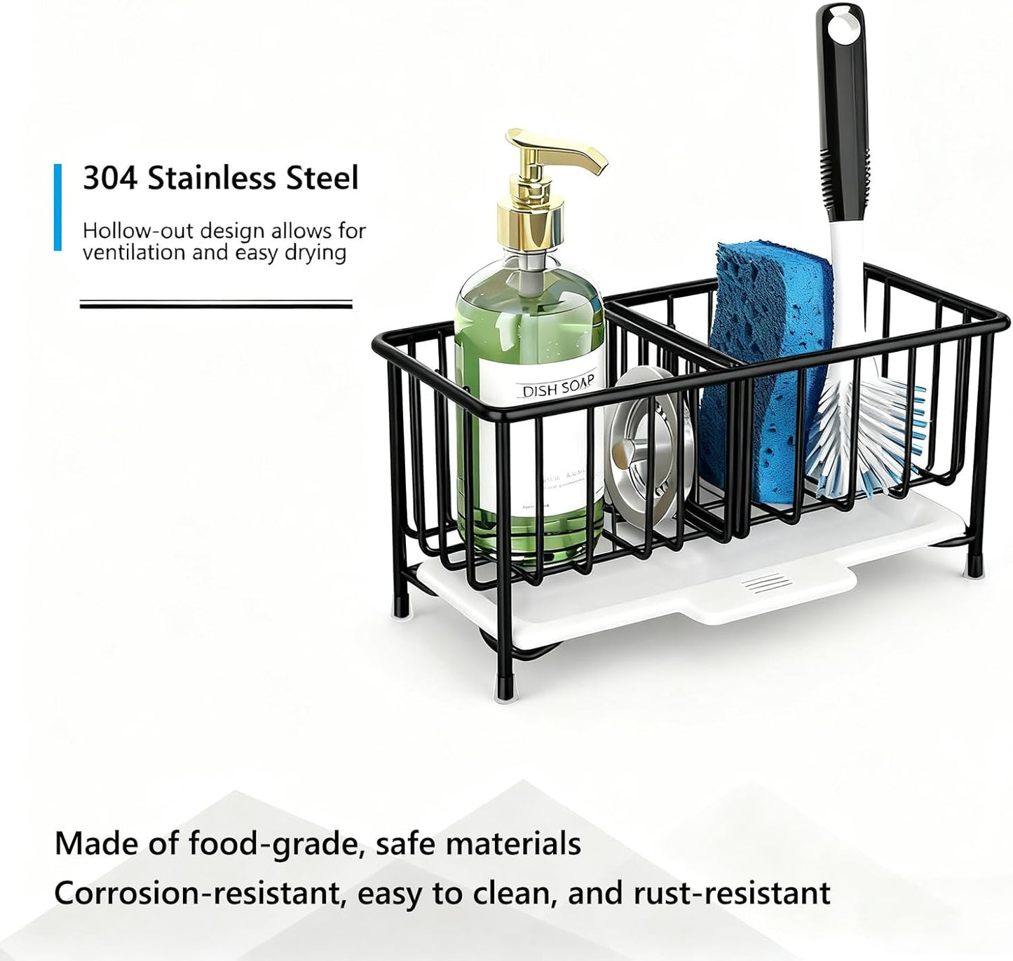 Kavciva Sink Caddy Sponge Holder,304 Stainless Steel Dish Brush Holder,Kitchen Countertop Sink Rack,Dish Soap Holder,Dishwashing Tool Drying Tray with Adjustable Partitions,Essential Kitchen Shelves