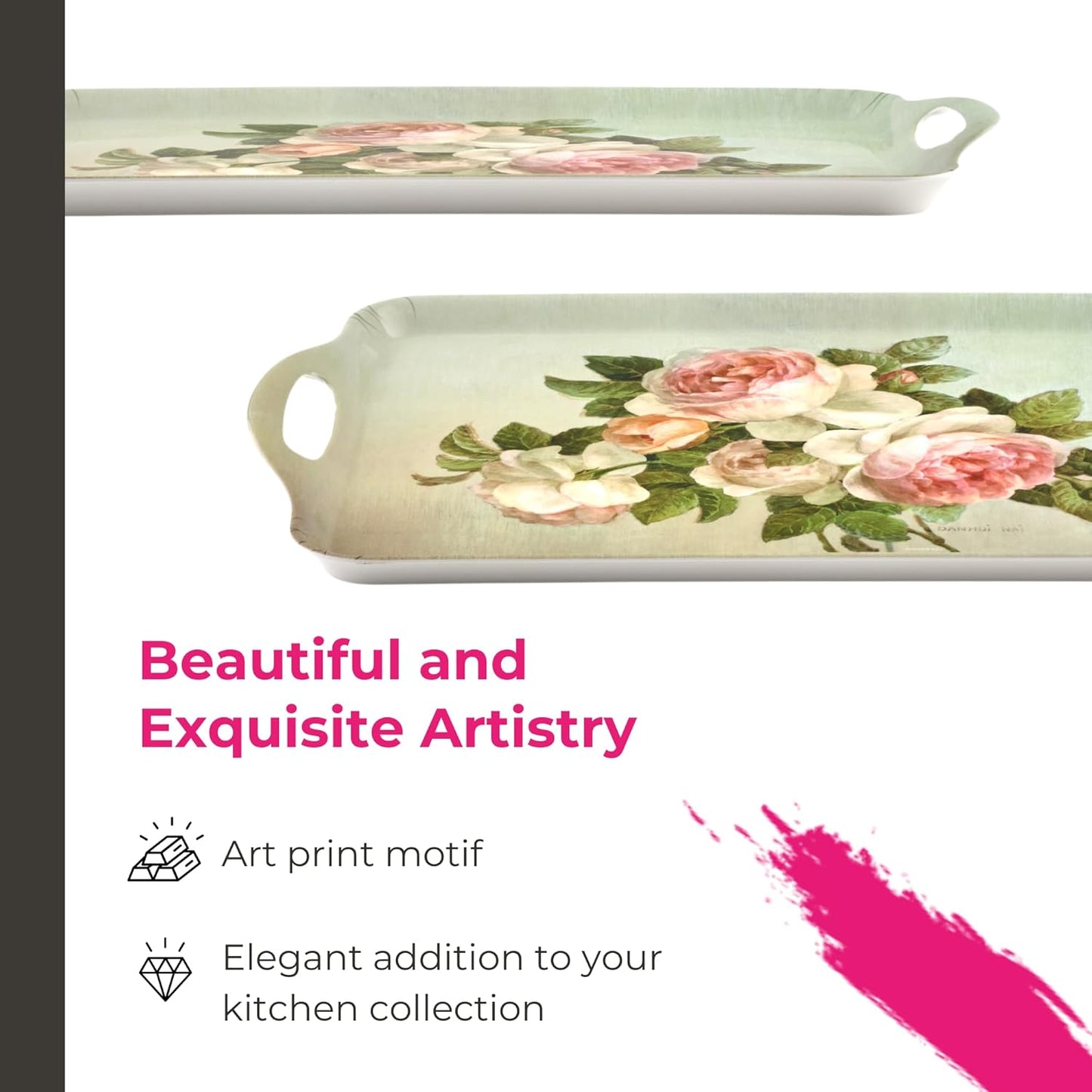 Pimpernel Antique Roses Large Handled Tray - Durable Melamine Serveware with Handles - Dishwasher-Safe Floral Decorative Centerpiece - 18.9" x 11.6" Elegant Tray for Entertaining Guests