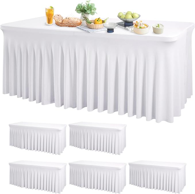 Wish Care 6 Pack White Spandex Table Clothes for 8 Foot Rectangle Tables, 8FT Wrinkle Free Fitted Tablecloths Ruffles Design Table Cover for Party, Banquet, Wedding and Events by WishCare