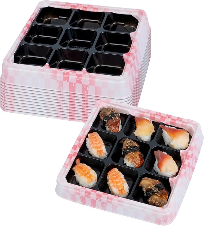 Restaurantware-Bento Tek 16.9 Ounce Meal Prep Containers, 50 Disposable To Go Food Boxes - Lids Sold Separately, 9 Compartments, Pink And Black Plastic Bento Lunch Boxes, Freezable, For Take Out by Restaurantware