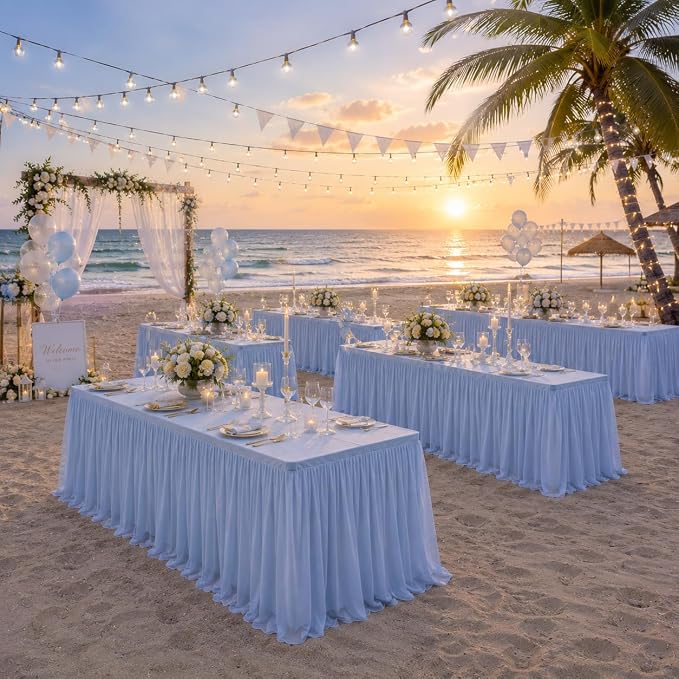 CO-AVE 2pack Dusty Blue Tulle Tablecloth for 8 Foot Rectangular Tables, 2-in-1 Elastic Stretch Spandex Cover with Tutu Ruffle Skirt, Wrinkle Free for Wedding, Birthday, Banquet, Buffet, Bridal Shower - Image 5