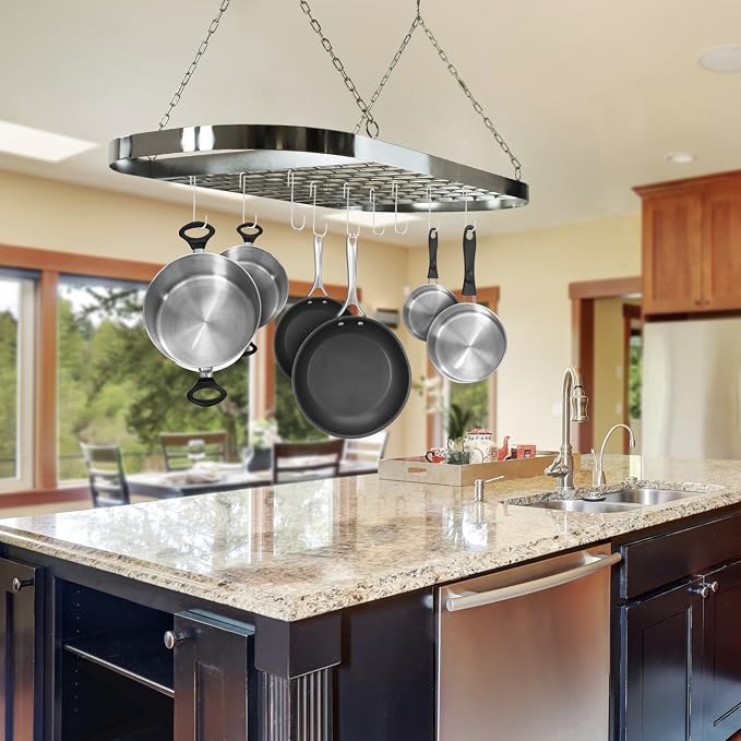 Sorbus Hanging Pot Rack, Ceiling-Mount Kitchen Organizer (Chrome) | Decorative oval fixture with hooks arranges cookware, utensils and books for practical overhead use in homes or restaurants. - Image 2