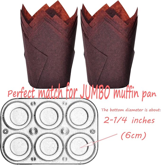 Large size Brown Tulip Baking Cups 2-1/4"(Base diameter) x 4"(Wall height) Greaseproof paper baking cupcake Muffin liners, Case of 130 pcs - Image 2