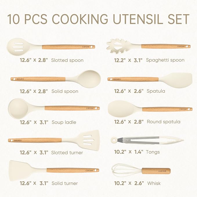 CAROTE Silicone Cooking Utensils Set, Kitchen Utensils Set 10 Pcs for cooking, BPA Free Spatula Set with Heat Resistant Wood Handles for Nonstick Cookware (Cream White) (Pack of 2) - Image 2