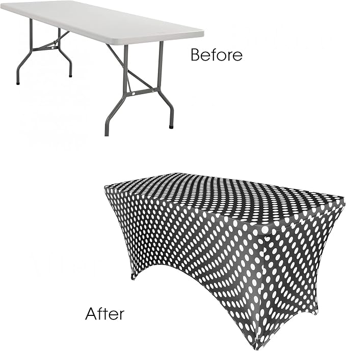 YOUR CHAIR COVERS Rectangular Spandex Table Covers 6ft Fitted Tablecloth Wedding Event Patio Decorations Elastic Fabric Stretch Tables Cover for 6 ft Folding Table (Black & White Polka Dot) - Image 3