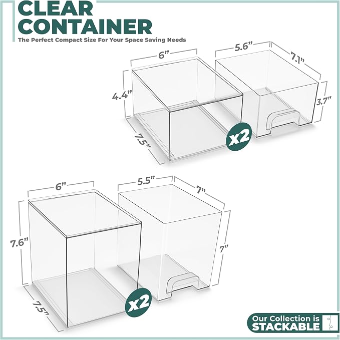 Sorbus Clear Stackable Storage Drawers (4 Pack, 7.6'' and 4.4'' Tall) - Image 3