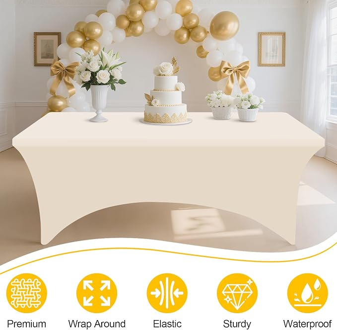 Smiry 2 Pack Spandex Table Cloth 6FT, Elastic Fitted Beige Tablecloth - Image 3