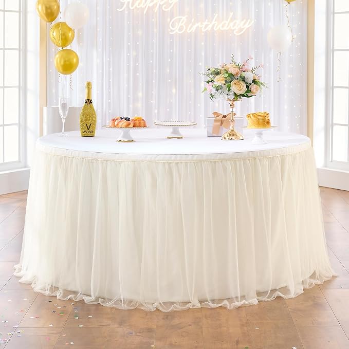 108in Ivory Tulle Table Skirts for Rectangle Tables 6/8/4ft, 2 Layer Gold Grim Ruffle Cream Tulle Tutu Table Skirt 9ft Decor Wedding Birthday Party Baby Shower Cake Dessert Tables(No Table Cover) - Image 2