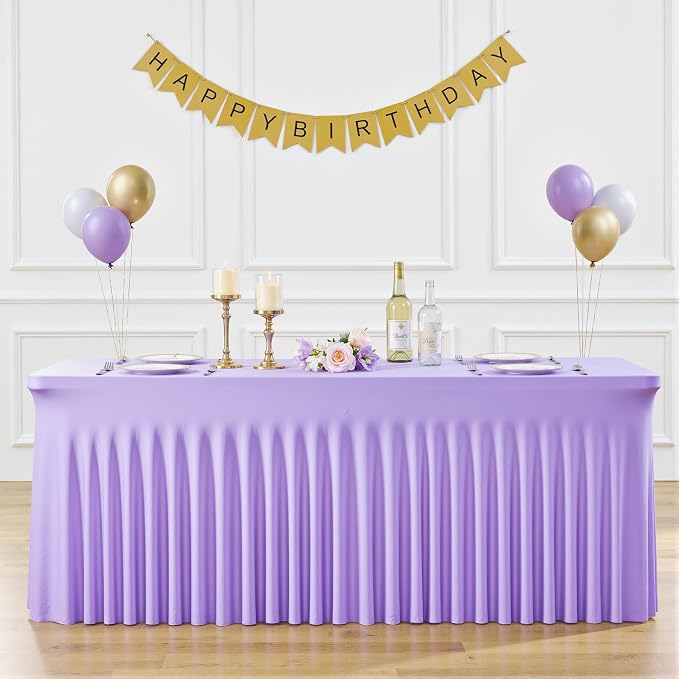 6ft Lavender Spandex Table Cloths for Rectangle Tables Wrinkle Free Light Purple Tablecloth Rectangle Stretch Fitted Lilac Table Cover with Skirt for Birthday Party Wedding Banquet Baby Shower Buffet by Suppromo